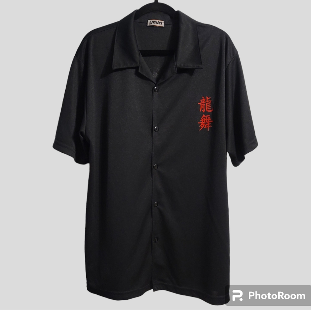 Vtg YMLA Shirt Mens Large Black Short Sleeve Velvet Dragon Dance Chinese 80's